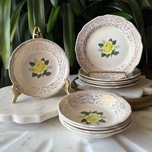 Vintage 8 Piece USA Yellow Rose + 22K Gold Brocade Bowls and Plates Dish Set